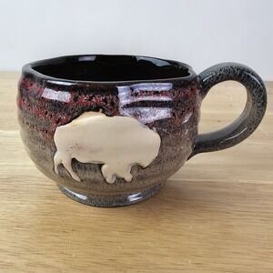Wyoming Pottery Bison Coffee Mug Buffalo Handmade USA Collector Pottery Glazed